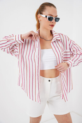 Kadın Çizgili Oversize Gömlek 20278 - Kırmızı 