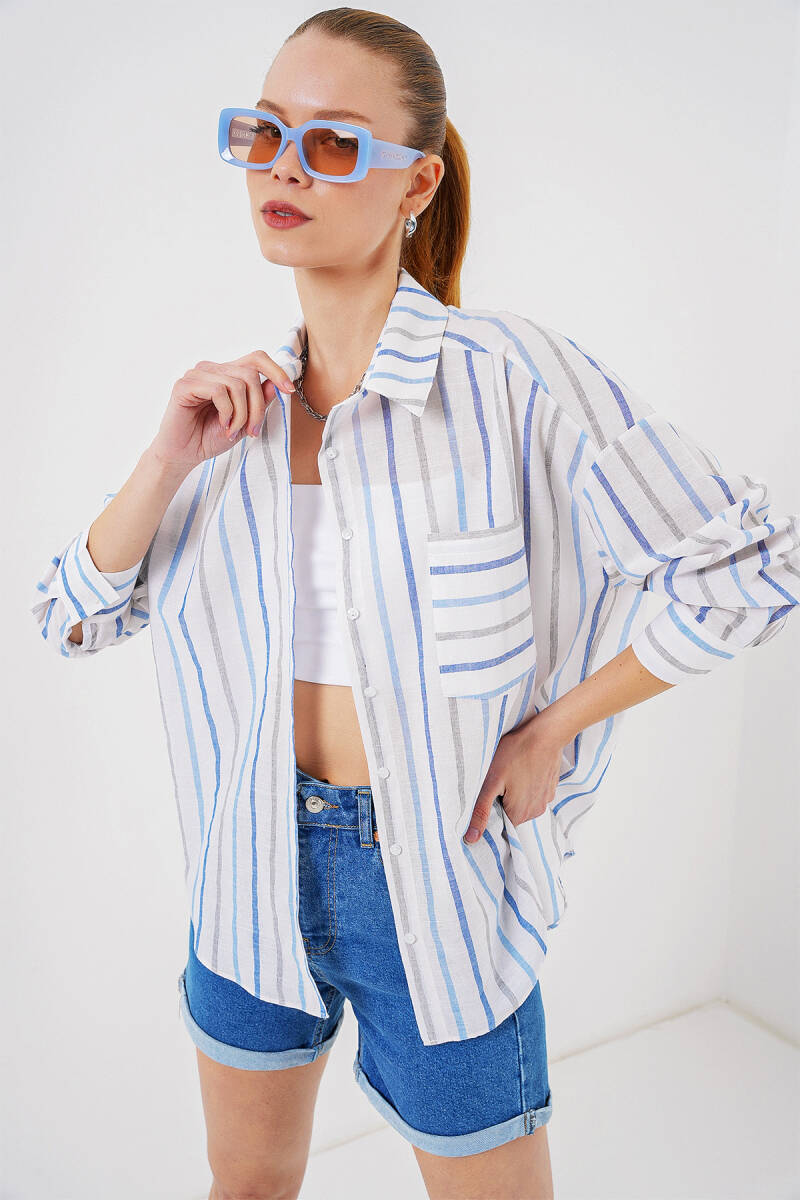 Kadın Çizgili Oversize Gömlek 20278 - Mavi - BİGDART