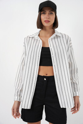 Kadın Çizgili Oversize Gömlek 20293 - B.Beyaz - 3