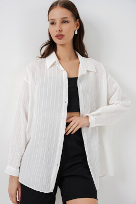 Kadın Çizgili Oversize Gömlek 20293 - Beyaz - 3