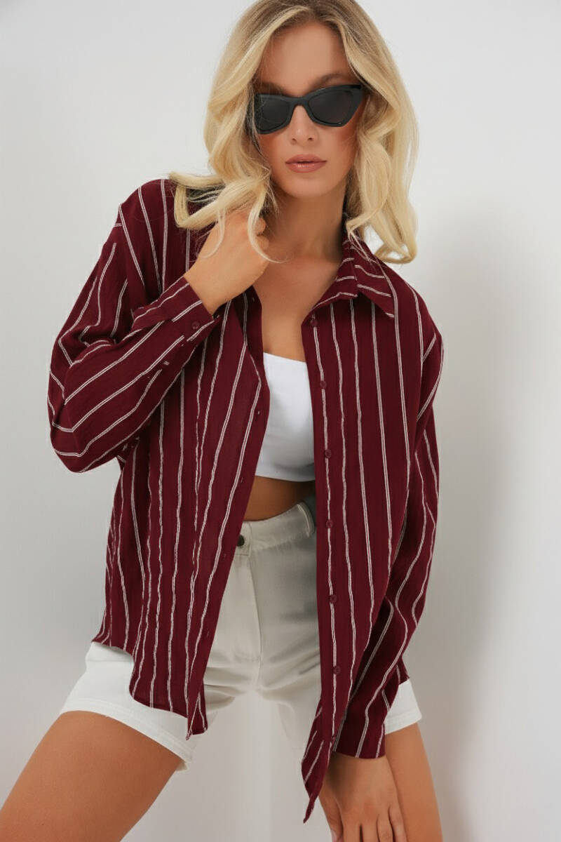 Kadın Çizgili Oversize Gömlek 20293 - Bordo - BİGDART