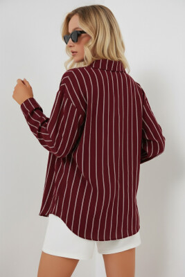Kadın Çizgili Oversize Gömlek 20293 - Bordo - 3
