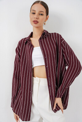 Kadın Çizgili Oversize Gömlek 20293 - Bordo - 4