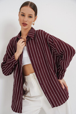 Kadın Çizgili Oversize Gömlek 20293 - Bordo - 5
