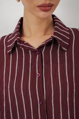 Kadın Çizgili Oversize Gömlek 20293 - Bordo - 6