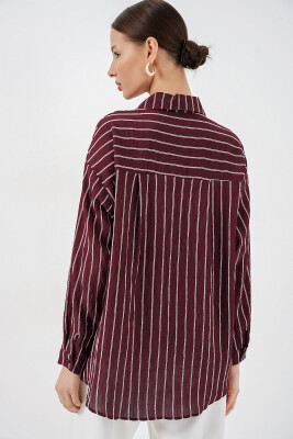 Kadın Çizgili Oversize Gömlek 20293 - Bordo - 7