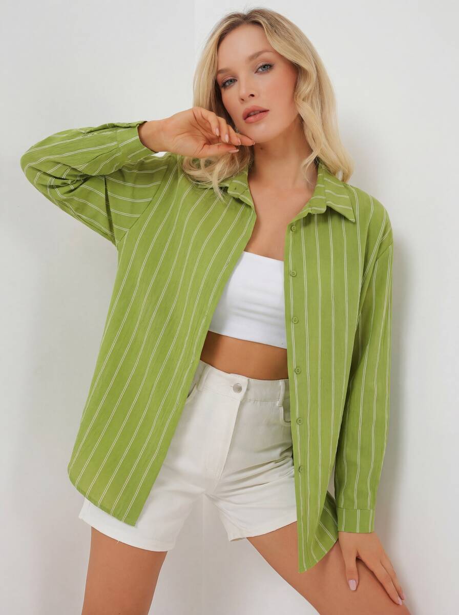 Kadın Çizgili Oversize Gömlek 20293 - E.Yeşil - BİGDART