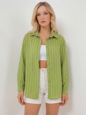 Kadın Çizgili Oversize Gömlek 20293 - E.Yeşil - 2