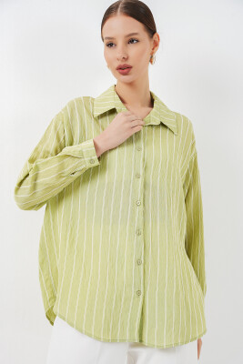 Kadın Çizgili Oversize Gömlek 20293 - E.Yeşil - 4