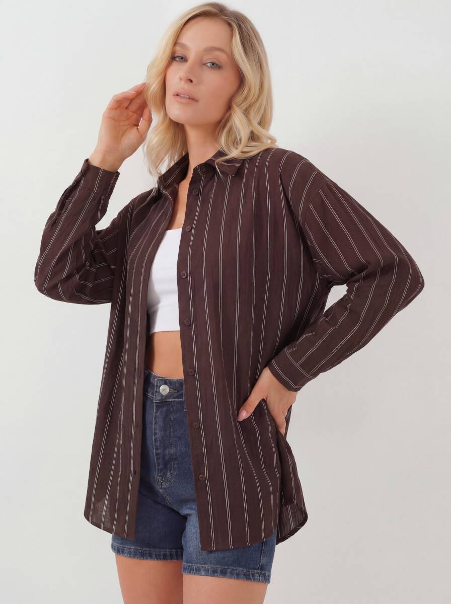 Kadın Çizgili Oversize Gömlek 20293 - Kahverengi - BİGDART