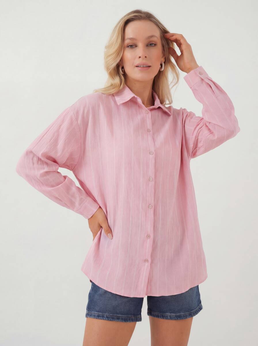 Kadın Çizgili Oversize Gömlek 20293 - Pembe - BİGDART