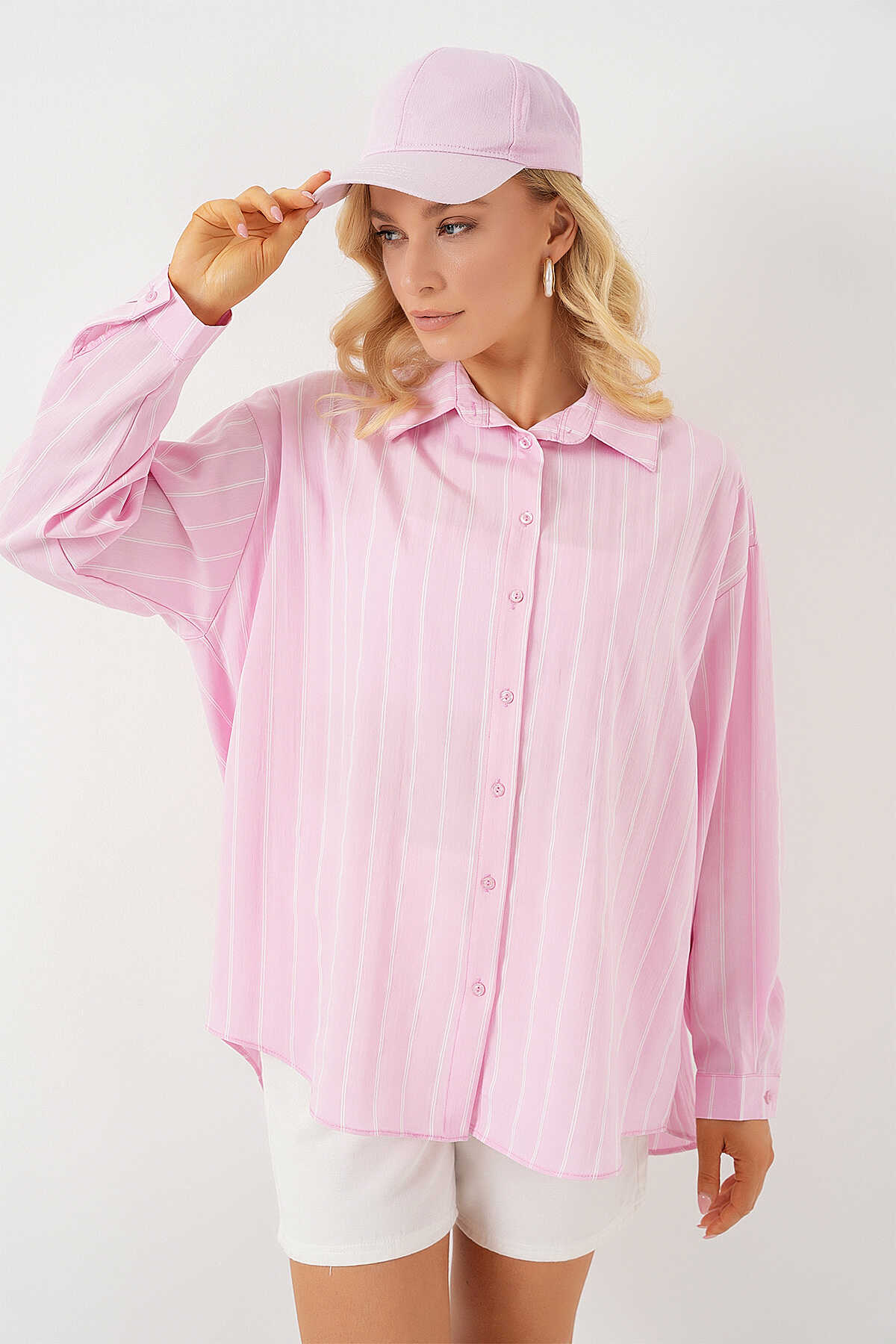 Kadın Çizgili Oversize Gömlek 20293 - Pembe - 3