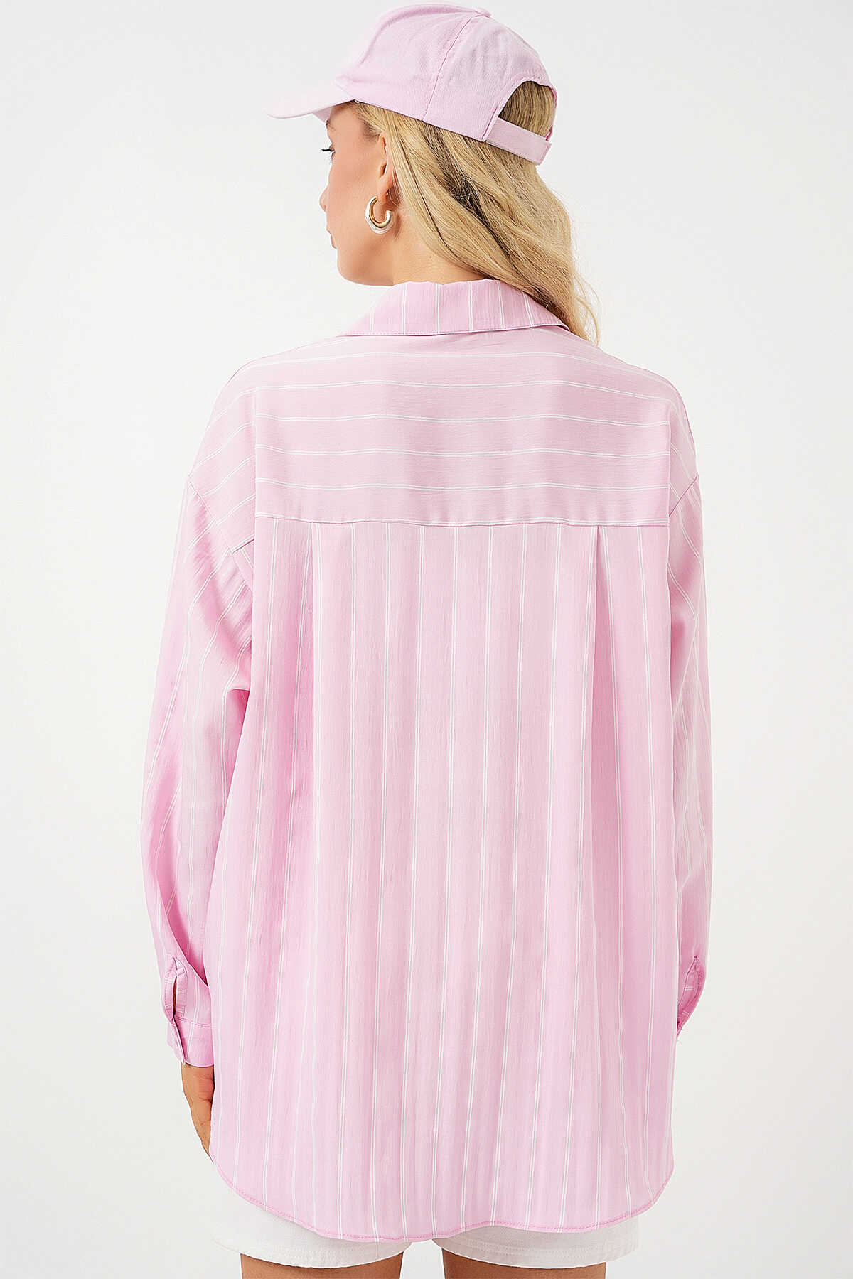 Kadın Çizgili Oversize Gömlek 20293 - Pembe - 6