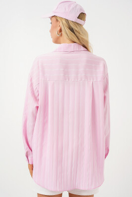 Kadın Çizgili Oversize Gömlek 20293 - Pembe - 6