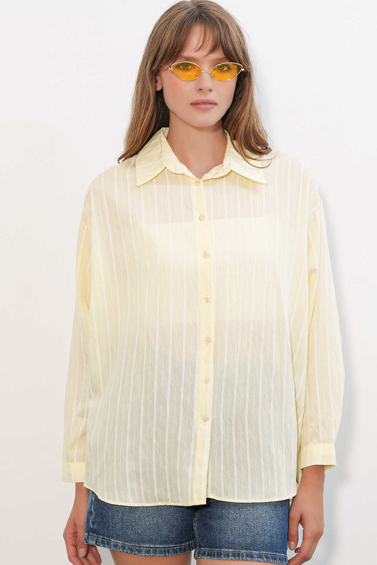 Kadın Çizgili Oversize Gömlek 20293 - Sarı - 4