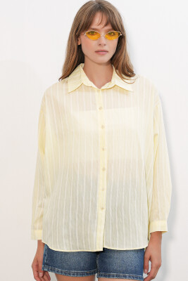 Kadın Çizgili Oversize Gömlek 20293 - Sarı - 4