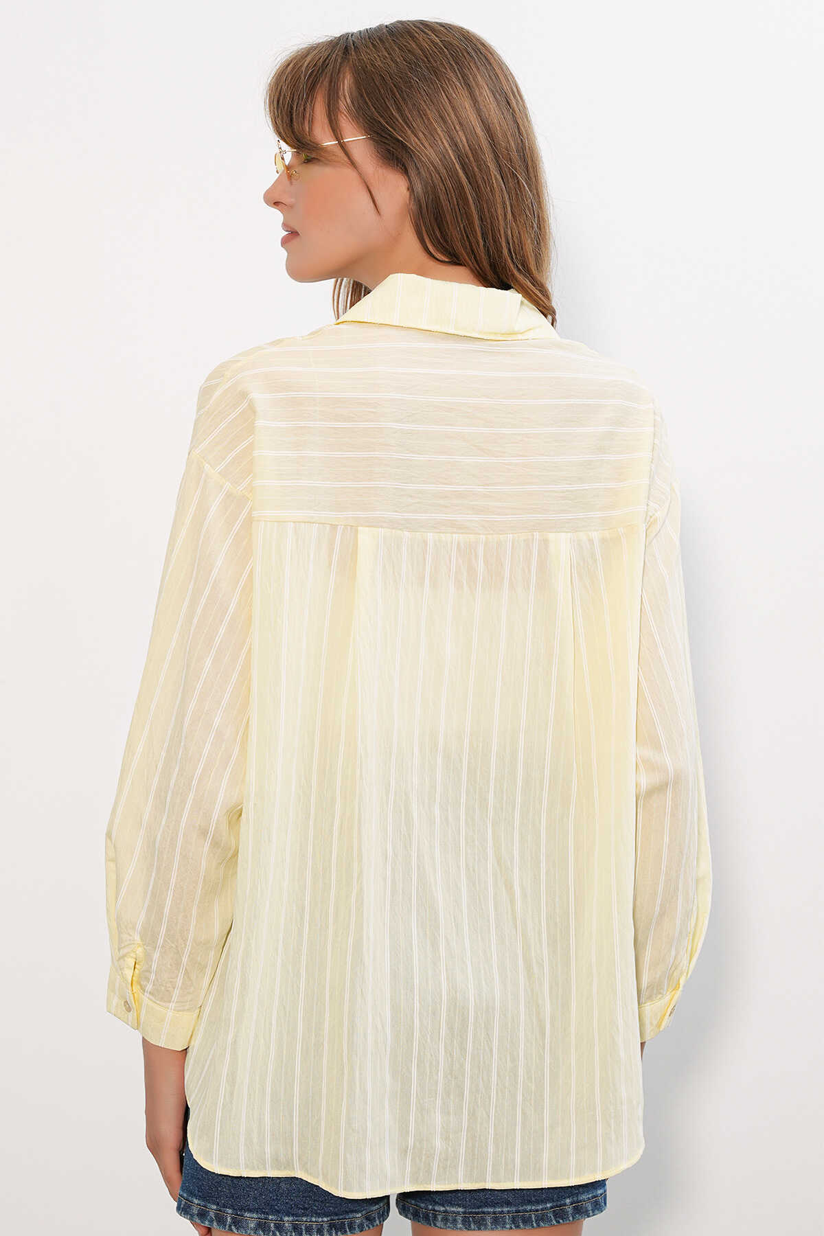 Kadın Çizgili Oversize Gömlek 20293 - Sarı - 7