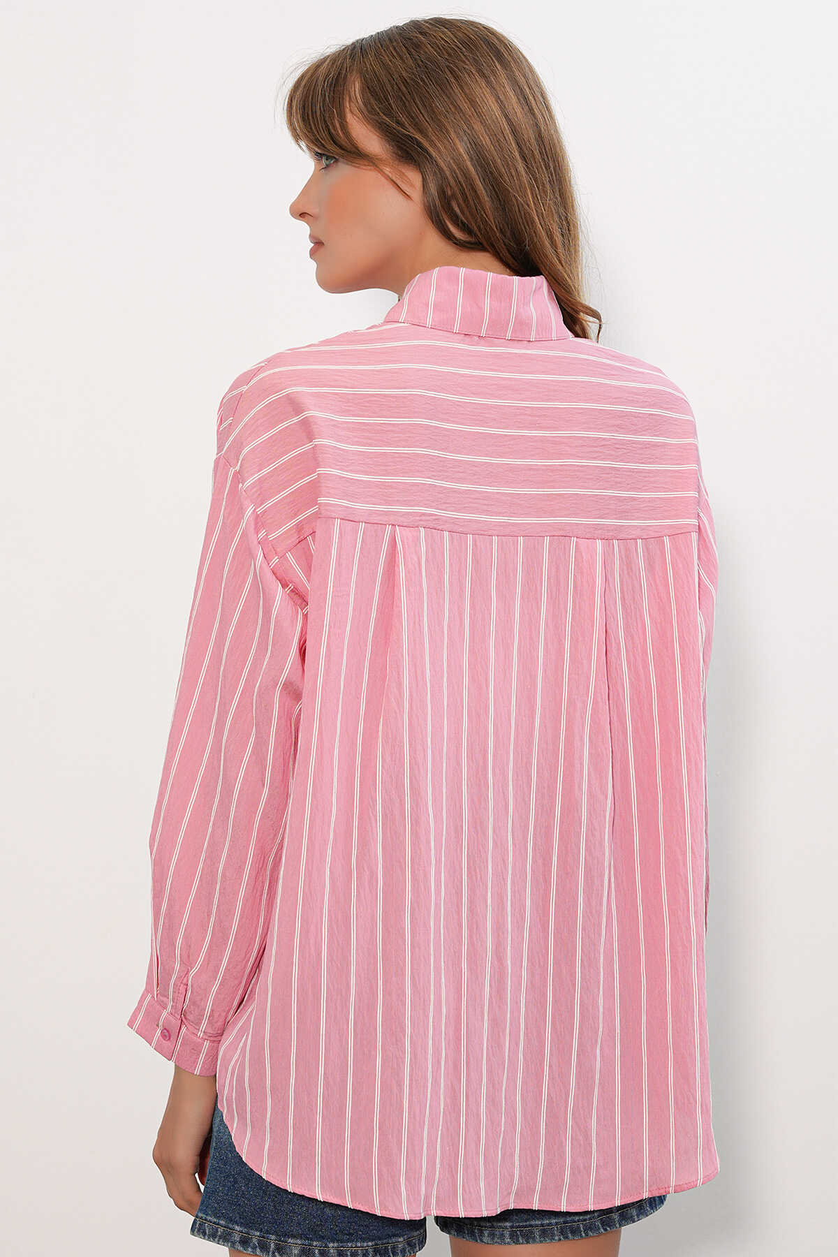 Kadın Çizgili Oversize Gömlek 20293 - Somon - 7