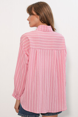 Kadın Çizgili Oversize Gömlek 20293 - Somon - 7