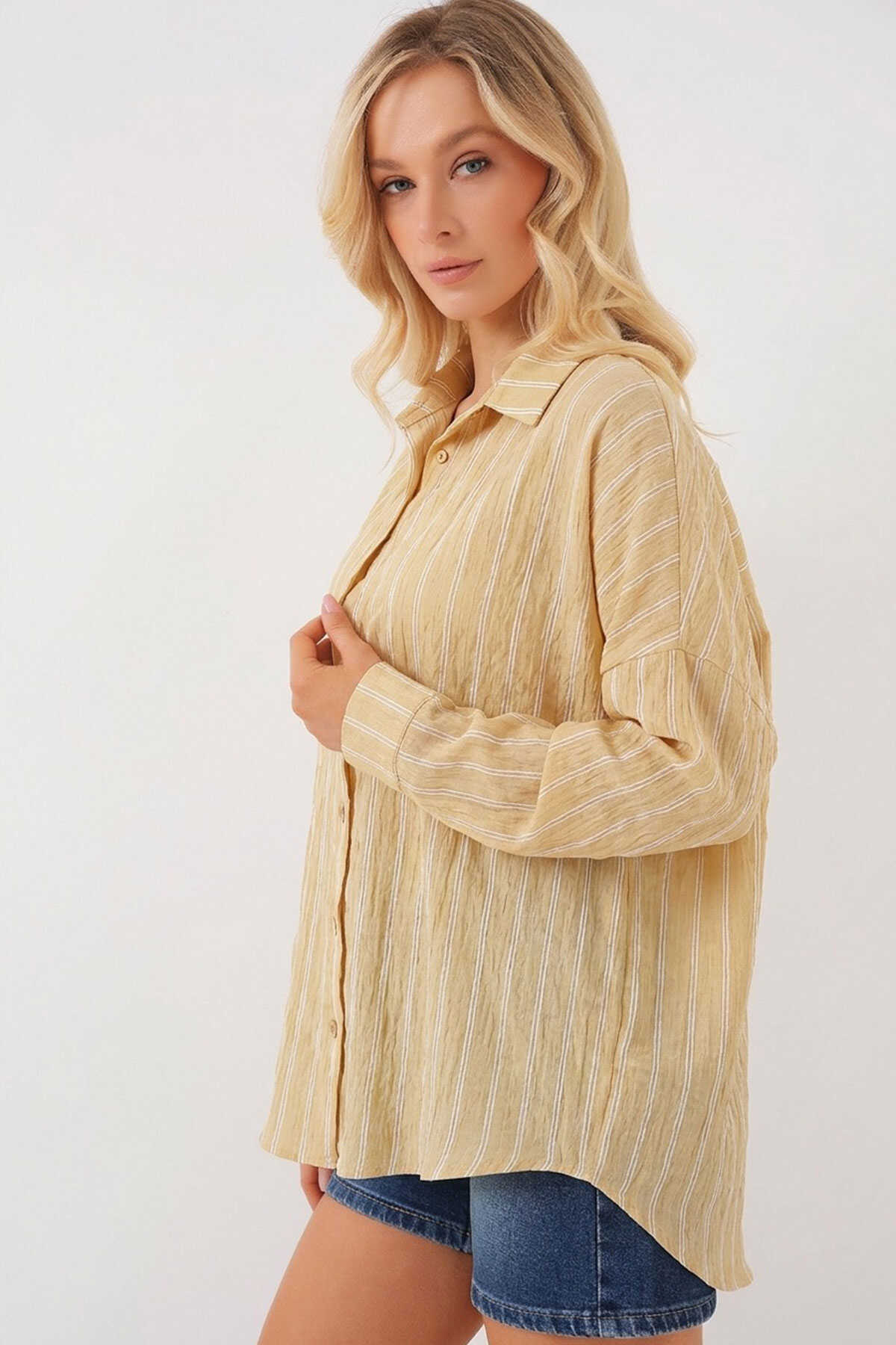 Kadın Çizgili Oversize Gömlek 20293 - Vizon - 2