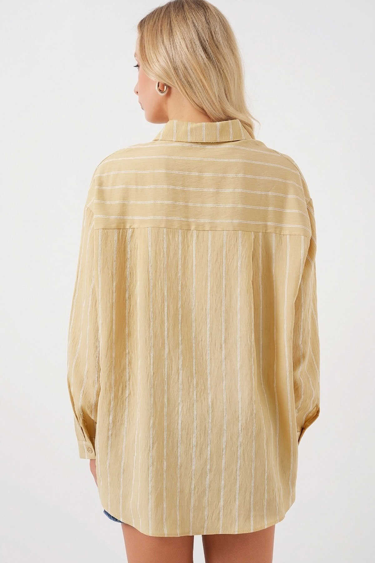 Kadın Çizgili Oversize Gömlek 20293 - Vizon - 3
