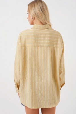 Kadın Çizgili Oversize Gömlek 20293 - Vizon - 3