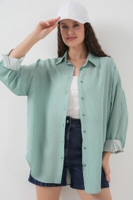 Kadın Çizgili Oversize Gömlek 20295 - Mint 