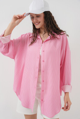 Kadın Çizgili Oversize Gömlek 20295 - Pembe 