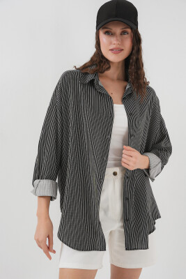 Kadın Çizgili Oversize Gömlek 20295 - Siyah 