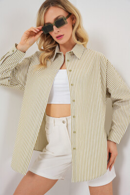 Kadın Çizgili Oversize Gömlek 20332 - Çağla 