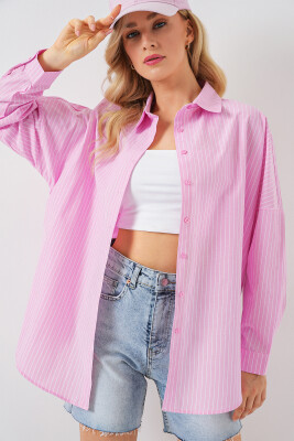 Kadın Çizgili Oversize Gömlek 20332 - Pembe 