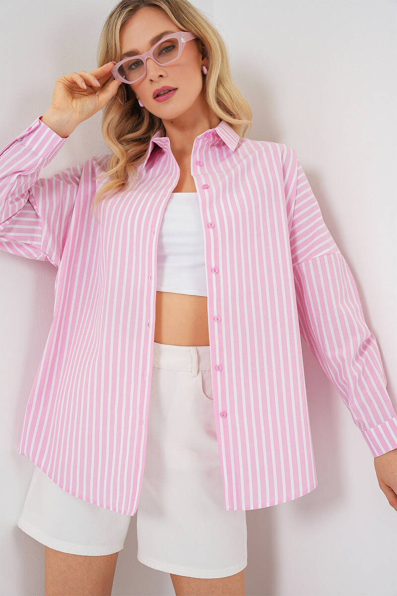 Kadın Çizgili Oversize Gömlek 20332 - Pudra - BİGDART