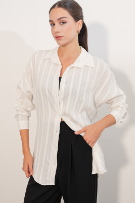 Kadın Çizgili Oversize Gömlek 20408 - Beyaz - 1
