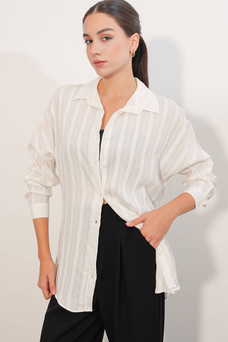 Kadın Çizgili Oversize Gömlek 20408 - Beyaz