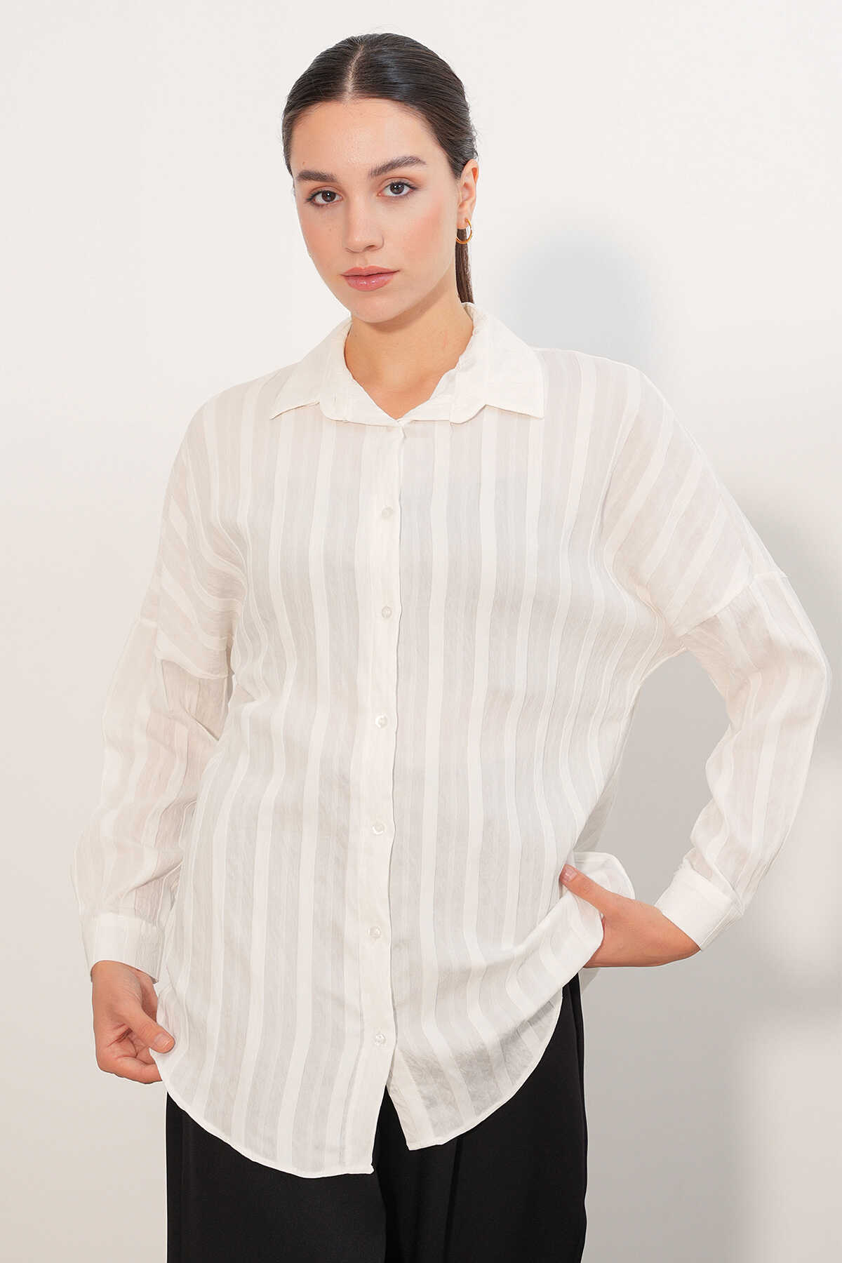 Kadın Çizgili Oversize Gömlek 20408 - Beyaz - 2