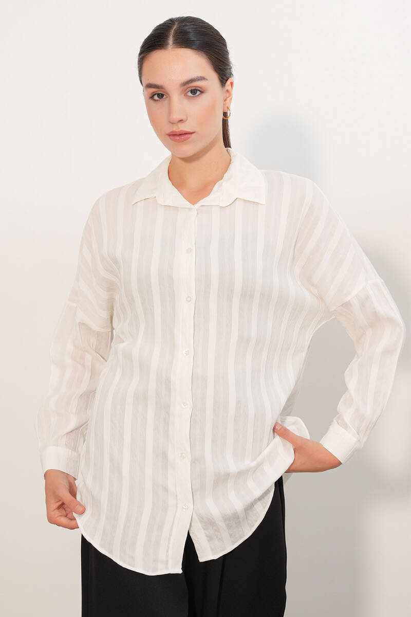 Kadın Çizgili Oversize Gömlek 20408 - Beyaz (1)