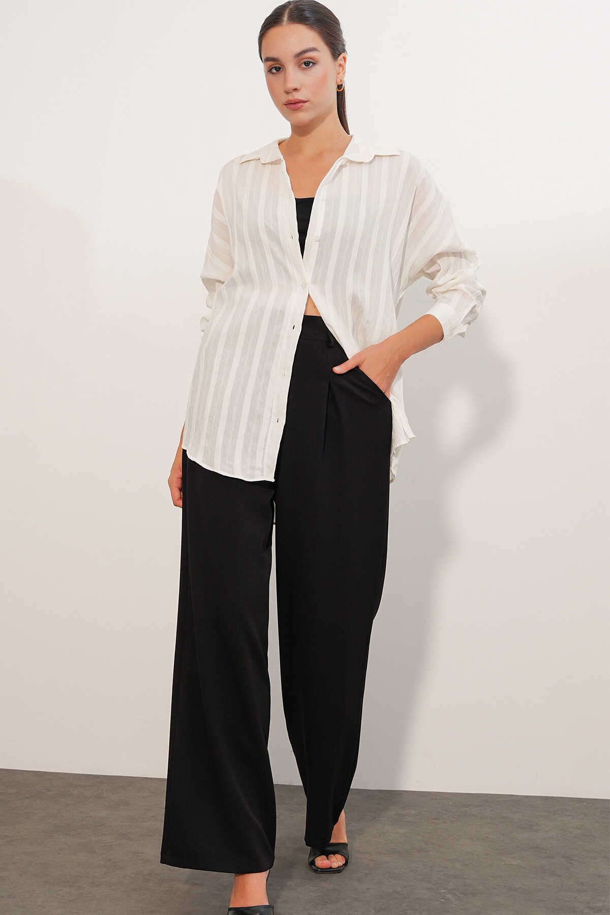 Kadın Çizgili Oversize Gömlek 20408 - Beyaz - 3