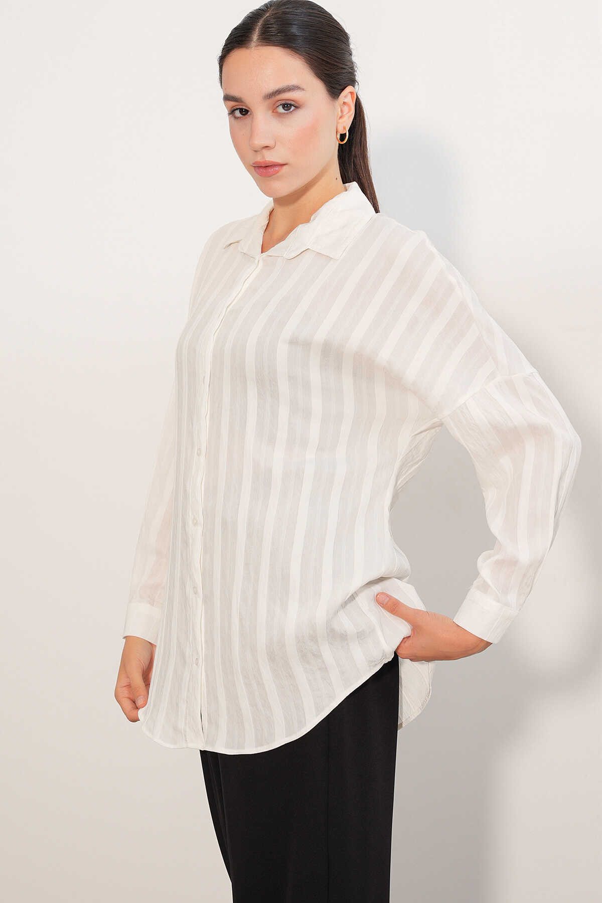 Kadın Çizgili Oversize Gömlek 20408 - Beyaz - 4