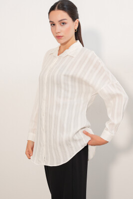 Kadın Çizgili Oversize Gömlek 20408 - Beyaz - 4
