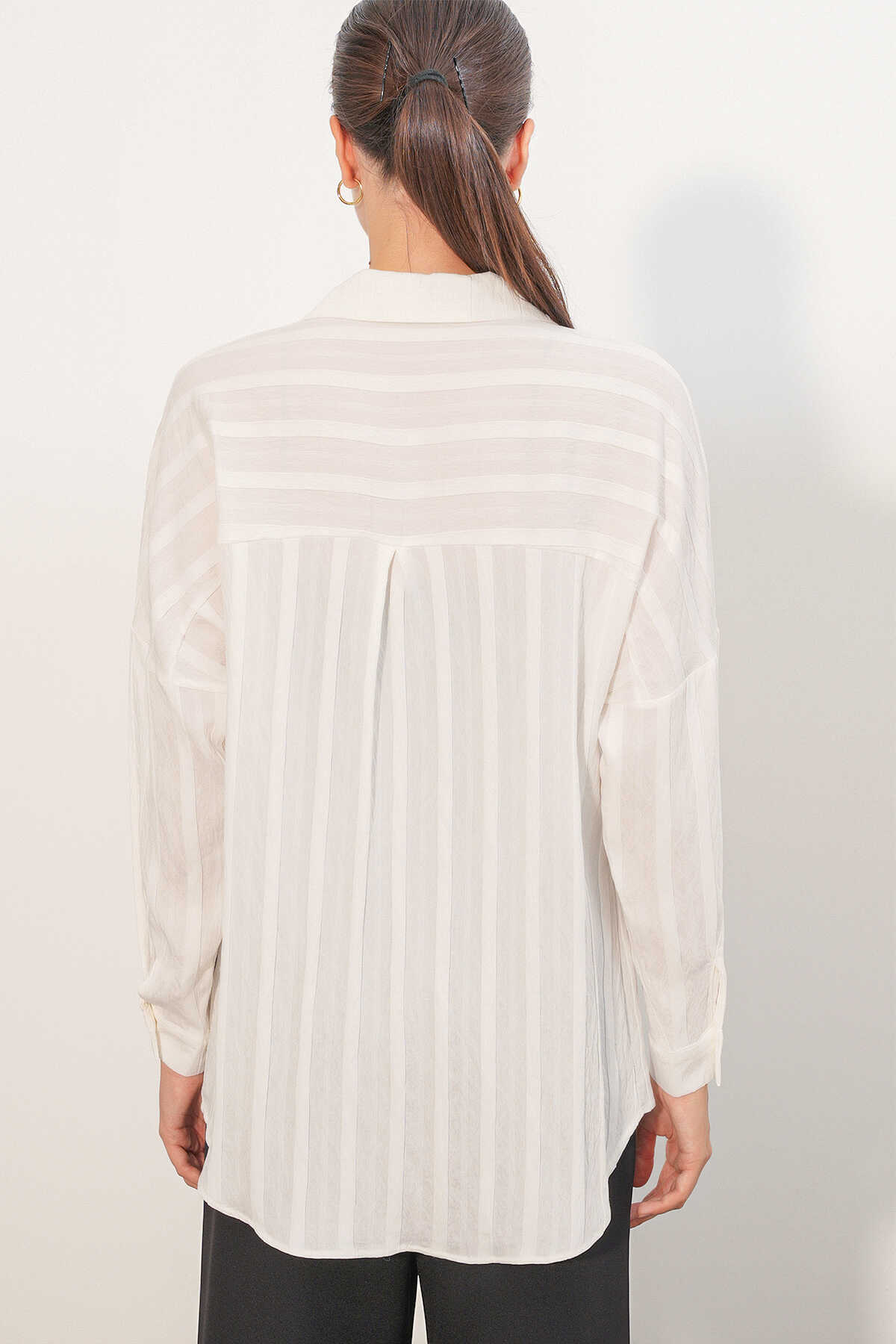 Kadın Çizgili Oversize Gömlek 20408 - Beyaz - 6