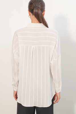 Kadın Çizgili Oversize Gömlek 20408 - Beyaz - 6