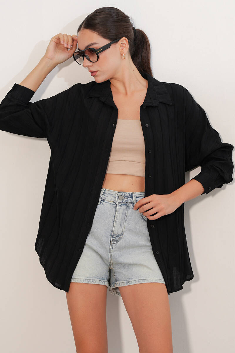 Kadın Çizgili Oversize Gömlek 20408 - Siyah