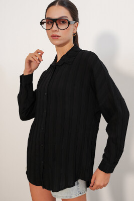 Kadın Çizgili Oversize Gömlek 20408 - Siyah - 4