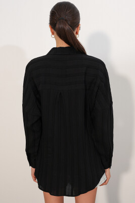 Kadın Çizgili Oversize Gömlek 20408 - Siyah - 6