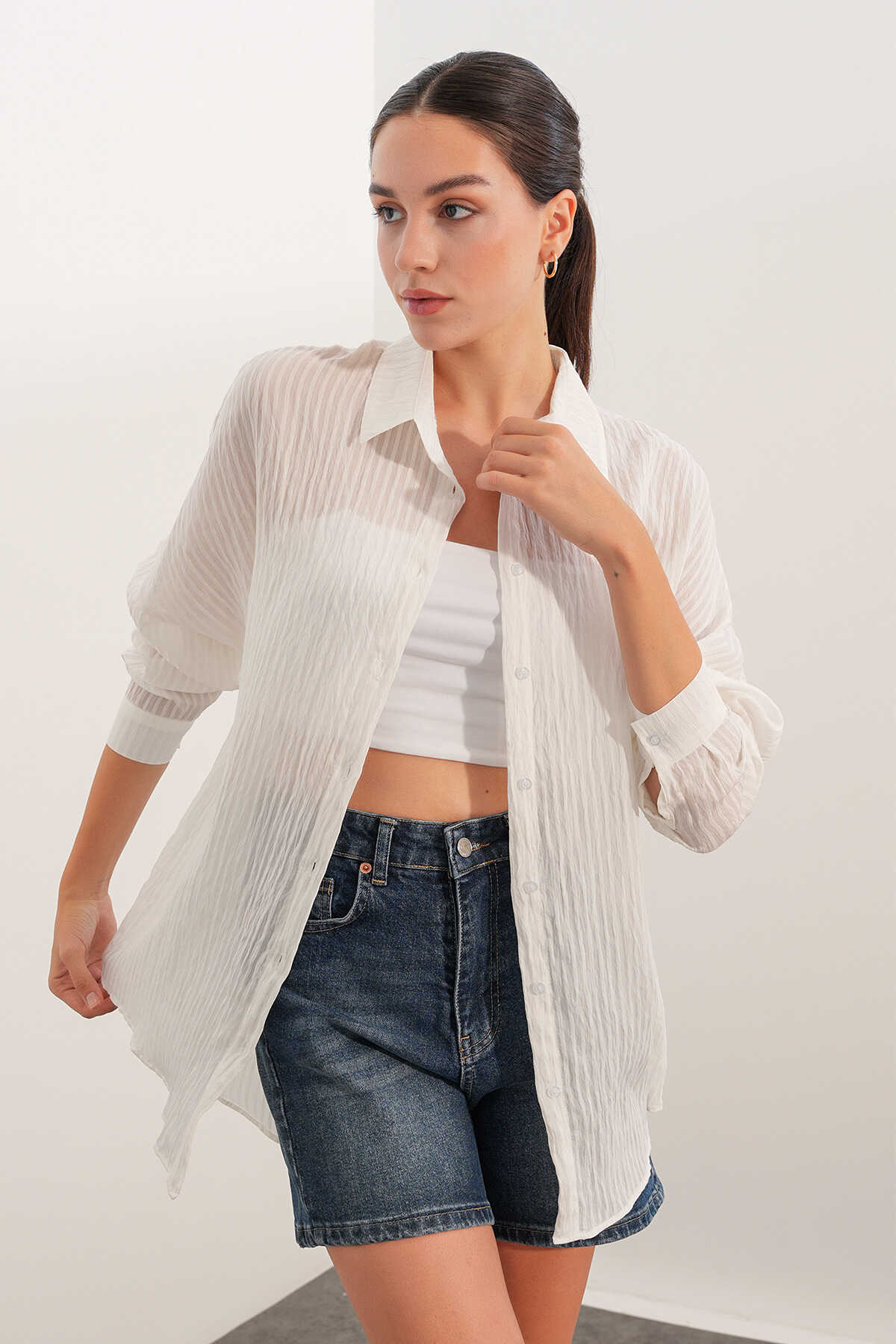 Kadın Çizgili Oversize Gömlek 20409 - Beyaz - 4