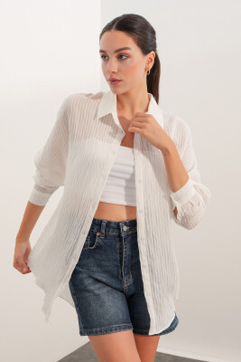 Kadın Çizgili Oversize Gömlek 20409 - Beyaz - 4