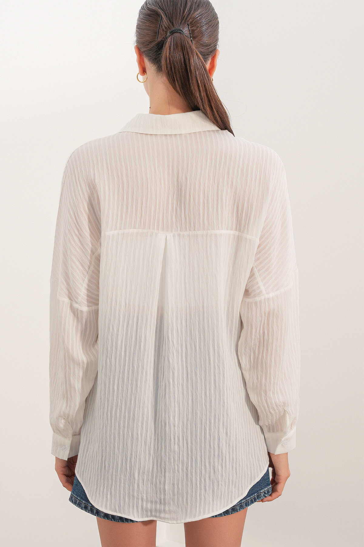 Kadın Çizgili Oversize Gömlek 20409 - Beyaz - 6
