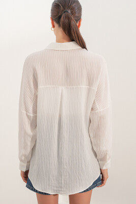 Kadın Çizgili Oversize Gömlek 20409 - Beyaz - 6
