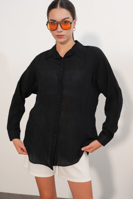 Kadın Çizgili Oversize Gömlek 20409 - Siyah - 1