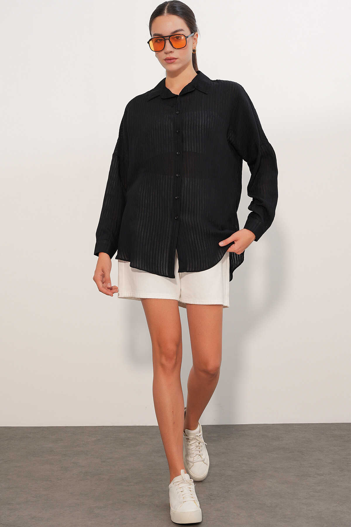 Kadın Çizgili Oversize Gömlek 20409 - Siyah - 3